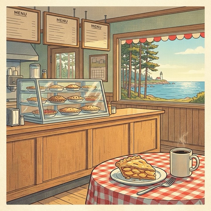 Postcard illustration of the cafe: a pie case on a wooden counter, gingham tablecloth, window view of pines and the lake