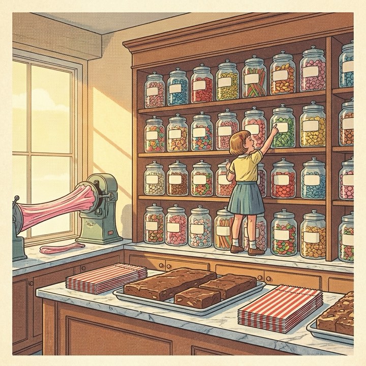 Postcard illustration of the candy store: a wall of penny-candy jars, slabs of fudge, and a taffy puller in the window