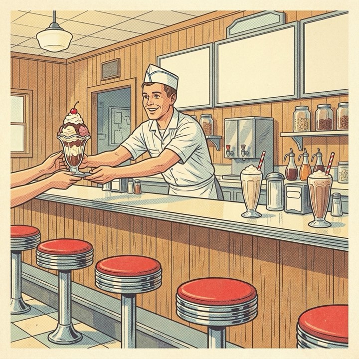 Postcard illustration of the ice cream parlour: a soda jerk handing a sundae across a chrome-stool counter