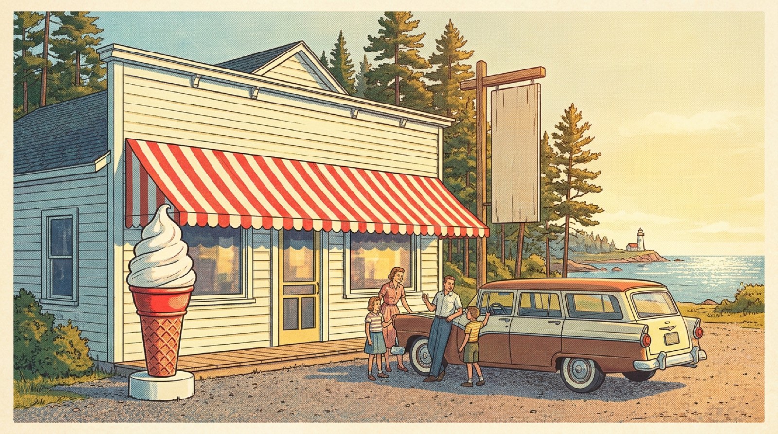 Vintage postcard illustration of Grandma Ray's: a cream clapboard shop with a red striped awning and a giant ice cream cone statue, pines and Lake Superior behind